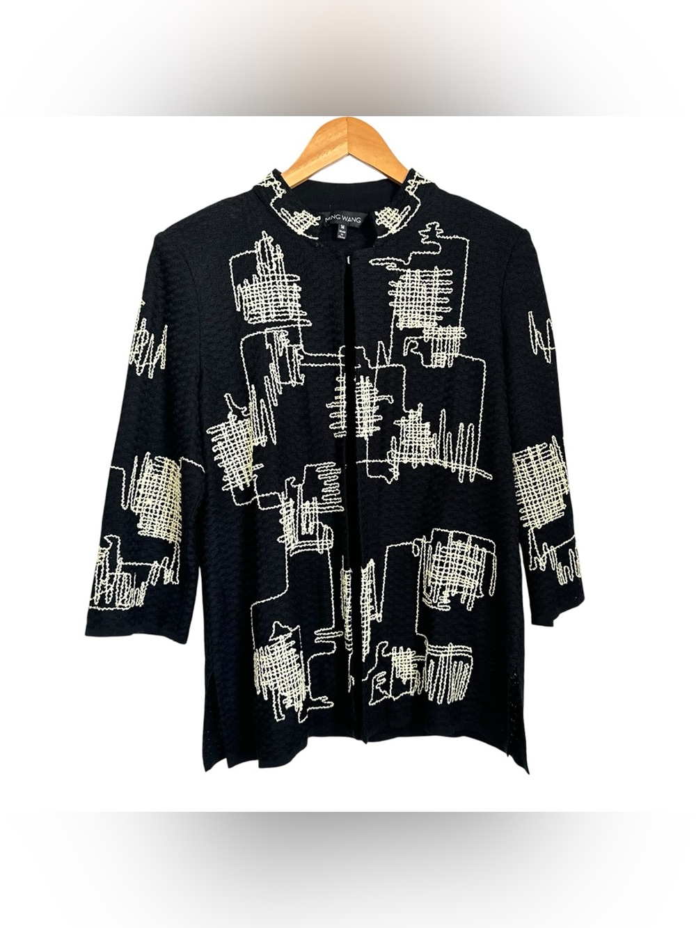 Ming Wang Womens Embroidered Knit Cardigan Jacket Sz Medium Black 3/4 Sleeve - Picture 1 of 6